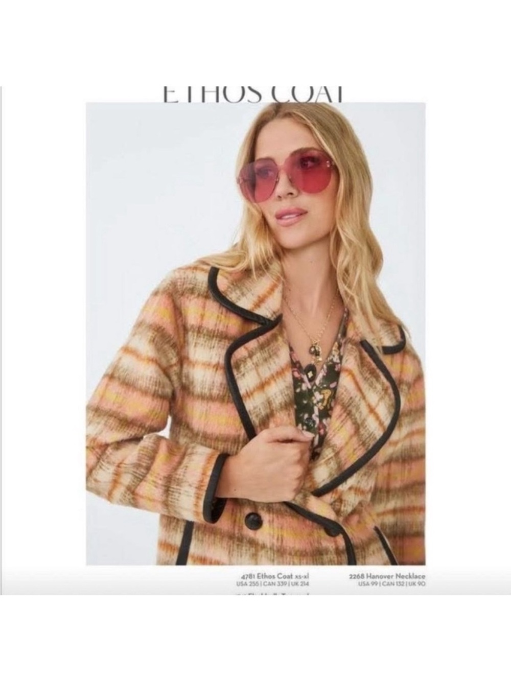 Cabi Ethos Wool Blend Plaid Peacoat Jacket - Peach & Tan